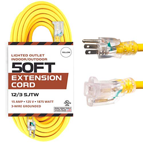 Iron Forge Tools 50 Foot Yellow Outdoor Extension Cord 12 3 Sjtw Heavy Duty Yellow 3 Prong Extension Cable Great For Garden And Major Appliances Walmart Com Walmart Com