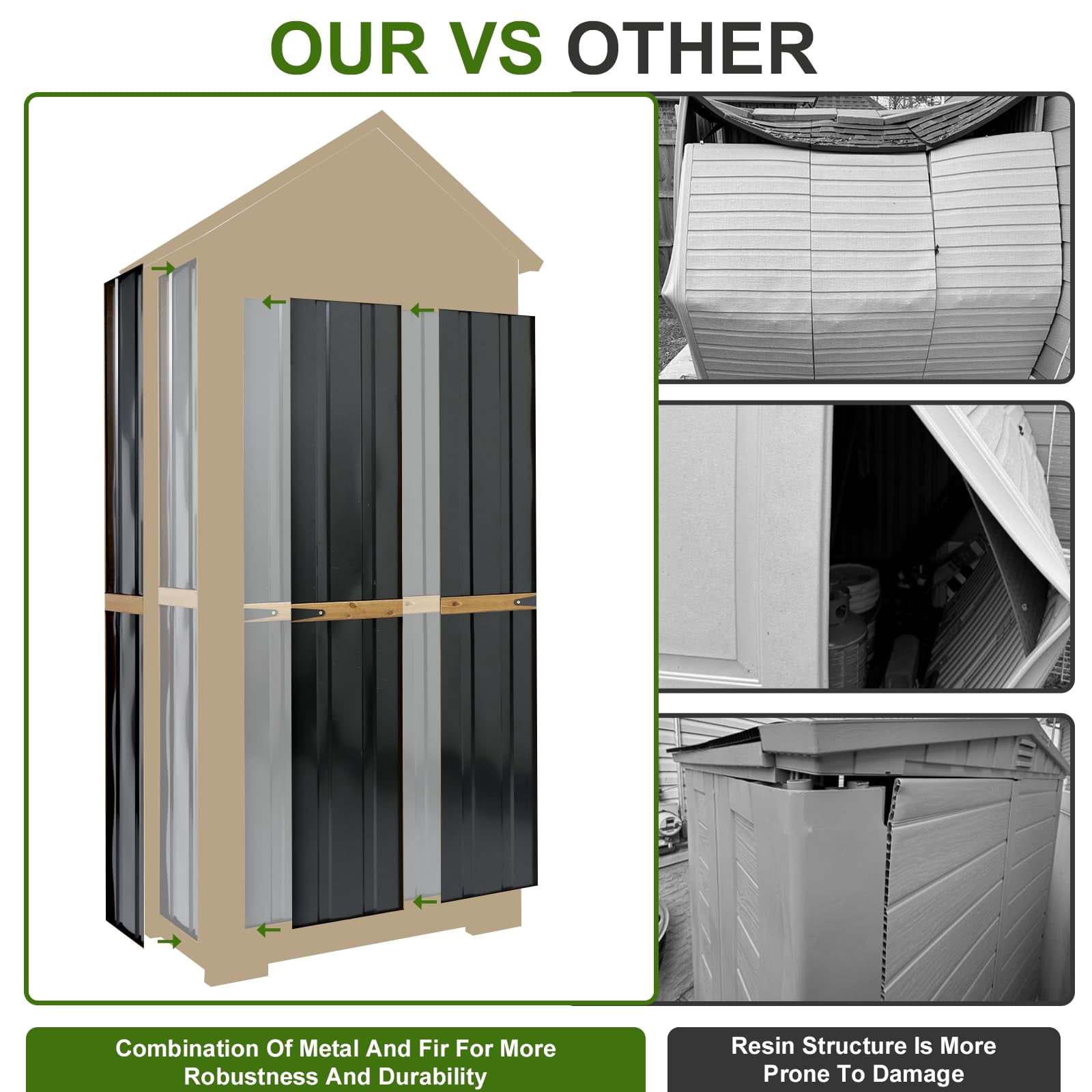 Gowoodhut Outdoor Storage Cabinet Waterproof, Outdoor Storage Shed with Shelves, Wood & Metal Patio Backyard Garden Storage Cabinet Tool Organizer for Outside
