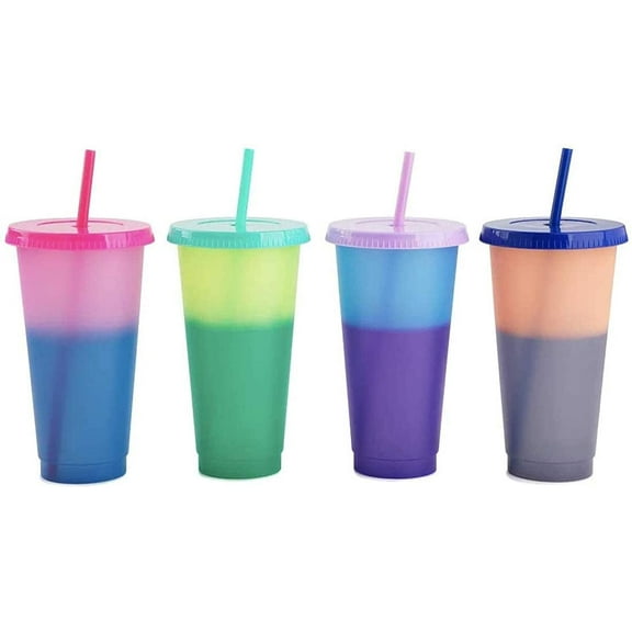 MODANU 24oz Color Changing Cups Tumblers with Lids Straws, 4 Pack Plastic Reusable Cups Tumblers for Adults Kids, BPA Free