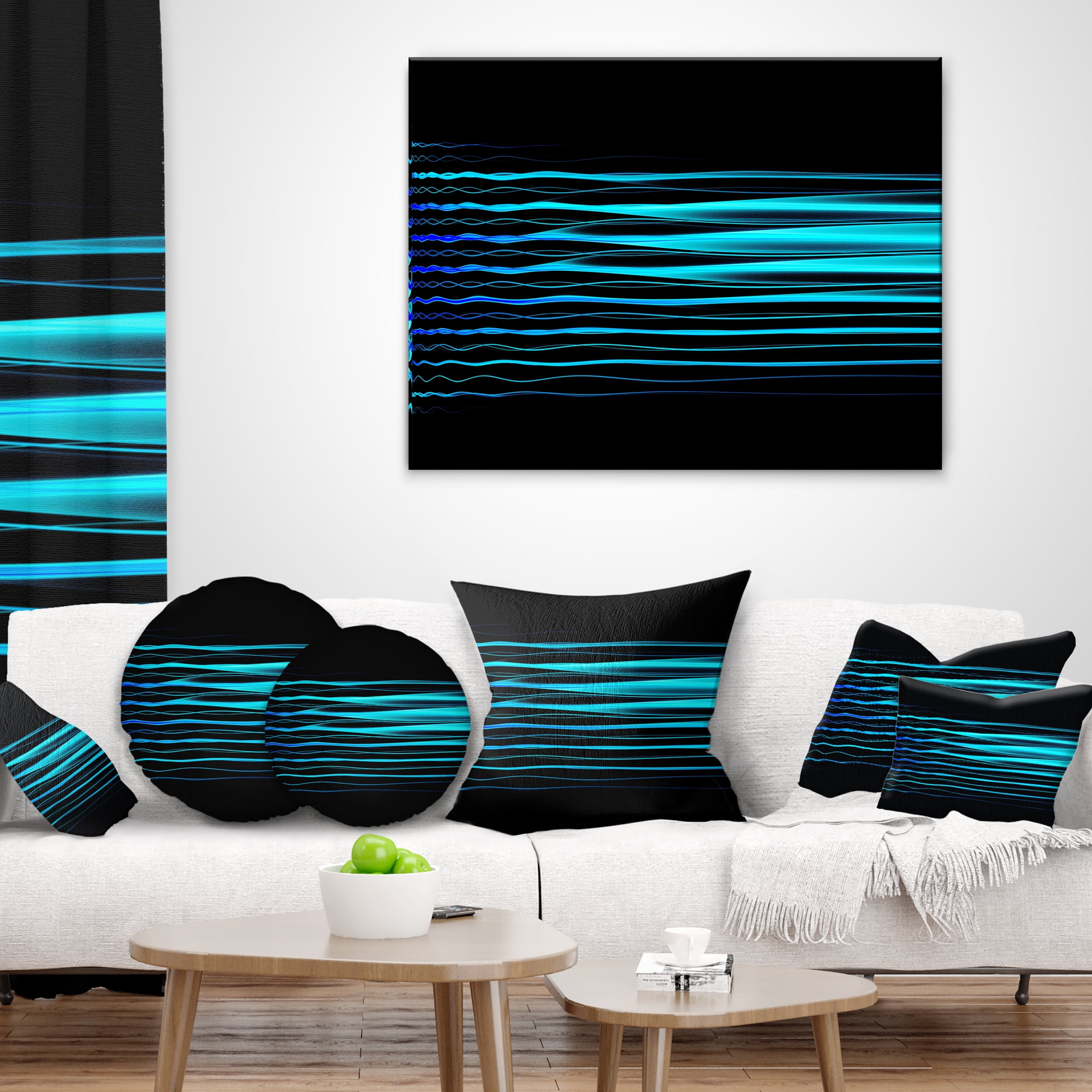 Designart Blue Fractal Flames on Black - Abstract Throw Pillow - 12x20
