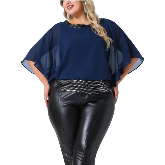 Blusas de lentejuelas de tama?o grande GRACE & GRANDEUR para mujer, blusa de gasa con doble capa y mangas de media murciélago, casual y de fiesta, 3X azul marino