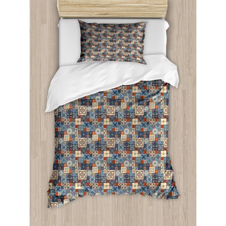 Moroccan Style Duvet Moroccan Duvet Cover Set, Grid Style Square Pattern Ornamental Arabesque Oriental Tunisian, Decorative Bedding Set with Pillow Shams, Slate Blue Cream Dark Orange, by Ambesonne ()