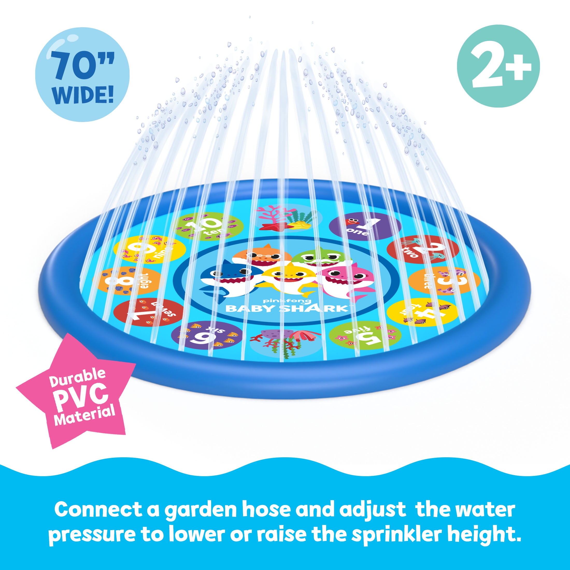 Pinkfong Baby Shark 70" Educational Splash Pad – Water Play Mat with Colors & Numbers for Kids Ages 2+