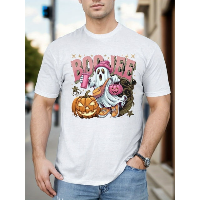 Camiseta de Halloween: bonito estampado de calabaza y dulces de Halloween, camiseta informal de manga corta, adecuada para uso diario, estilo ajustado, ligeramente elástica.