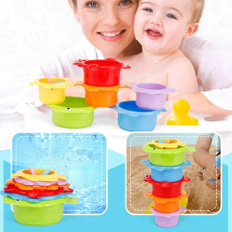 Small Fish Stacking Bath Cups for Toddlers, Rainbow Infant Nesting Cups for  1-3 Years Old, Baby Stack Cups with Sea Animal Shapes and Drain Holes for