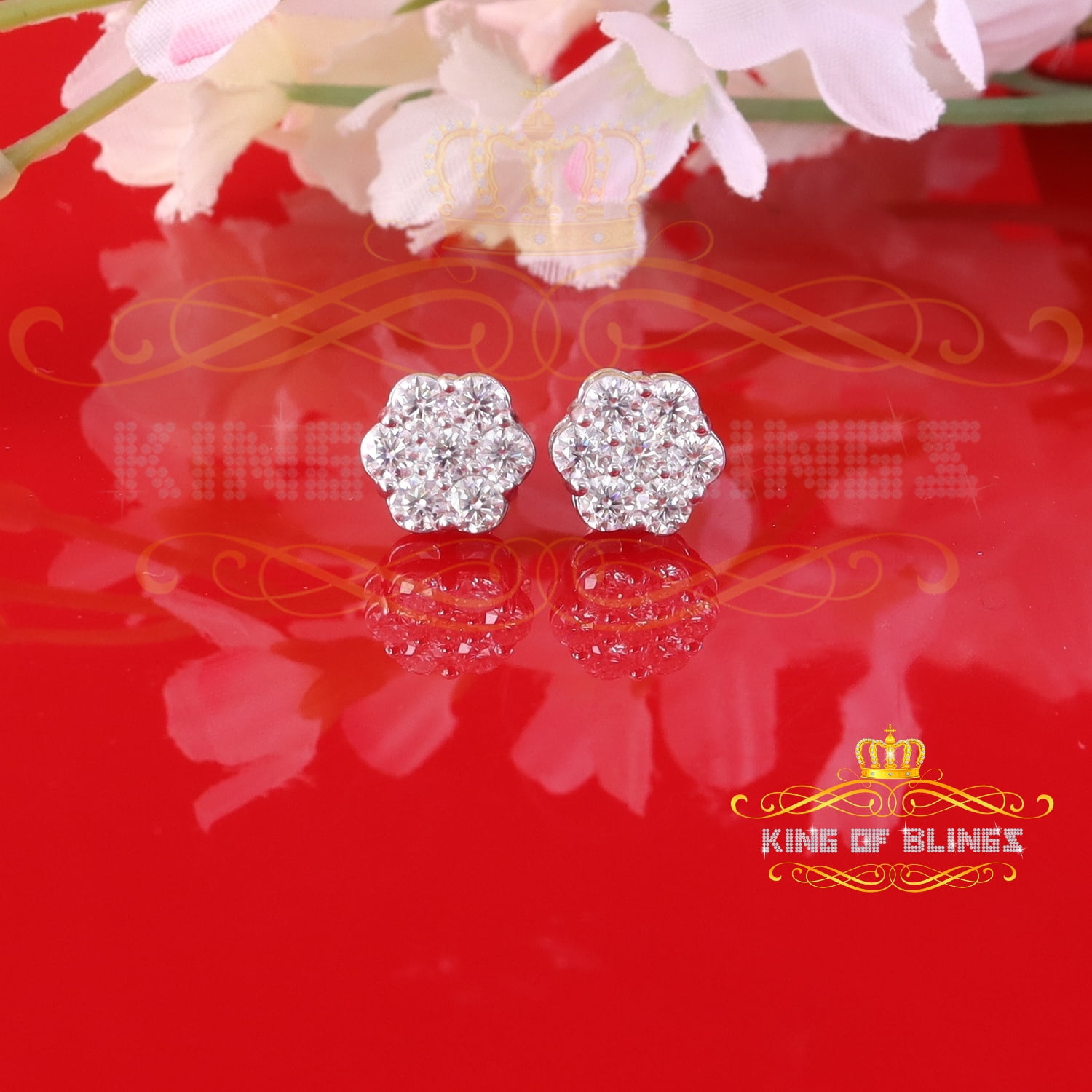 King of Bling's Men's/Womens 925 Silver White 1.66ct VVS 'D' Moissanite Floral Stud Earrings