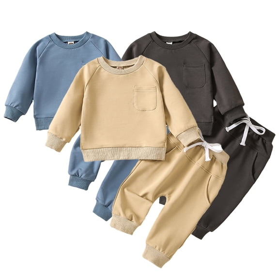 LYMAYTER 2PCS Toddler Infant Boys Spring Sweatshirt Outfit Baby Girls Long Sleeve Solid Sweatshirt Sweatpants Set 6M-4T Crewneck T-Shirt Top Drawstring Pants Set