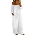 thumbnail image 4 of Off-Shoulder Denim Jumpsuit for Women, Long Sleeve Button Front Wide Leg Romper with Pockets - Washed Casual Playsuit White XXXL, 4 of 6