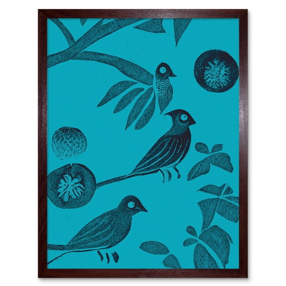 Linocut Vintage Blue Birds Jungle Pattern Illustration Teal Art Print Framed Poster Wall Decor 12x16 inch
