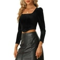 thumbnail image 4 of Unique Bargains Crop Velvet Top for Women Casual Square Neck Long Sleeve Blouse Black L, 4 of 6