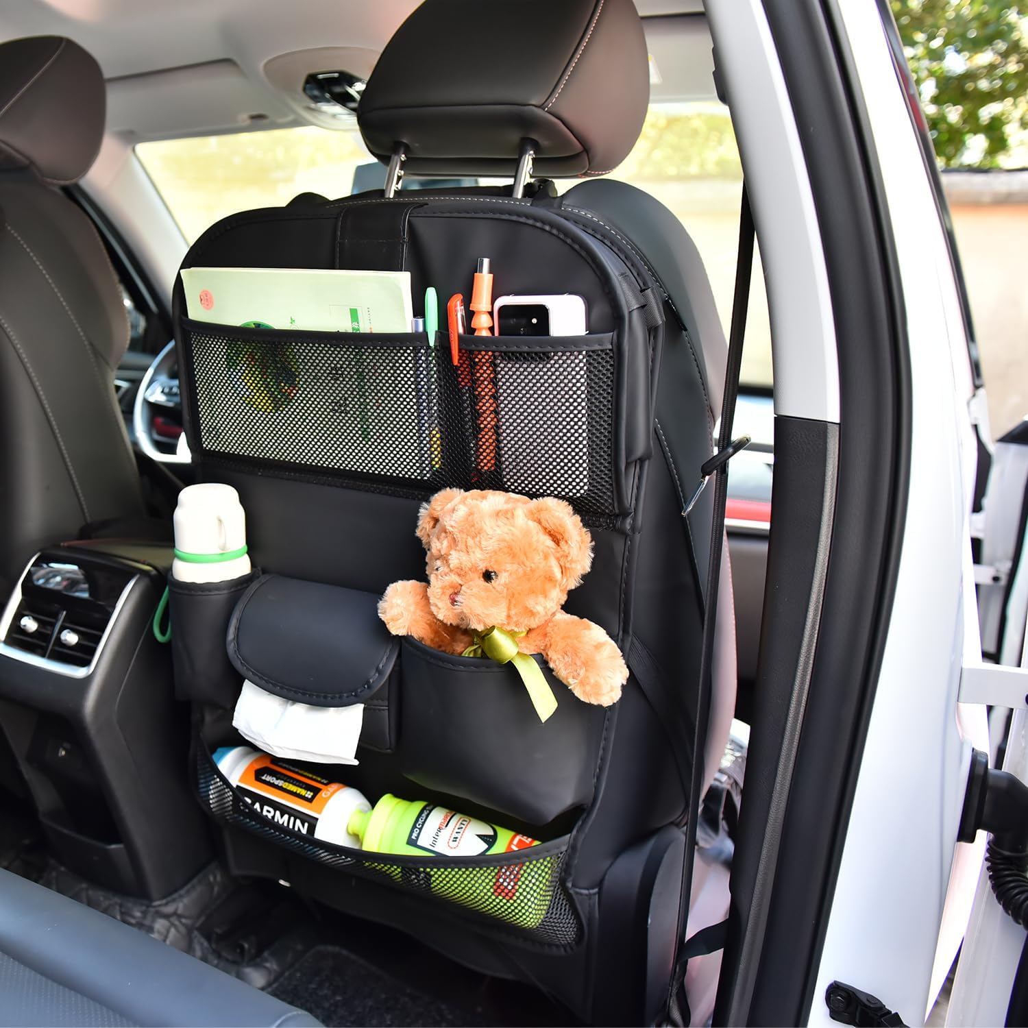 Car Backseat Organizer with Foldable Table Tray, Premium Leather Car Seat Back Protectors Kick Mats, Toy Storage Box with 10 Inch Touch Screen, Tablet Holder