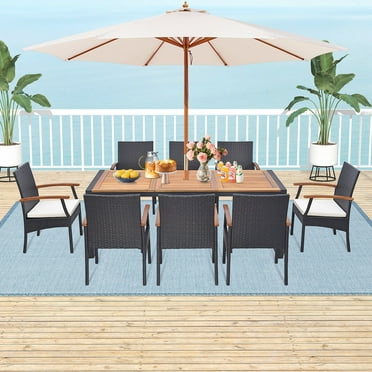 Costway 9 Pieces  Patio Rattan Dining Set with Acacia Wood Table, 1.9" Umbrella Hole