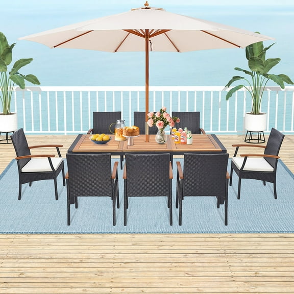 Costway 9 Pieces Patio Rattan Dining Set with Acacia Wood Table, 1.9" Umbrella Hole