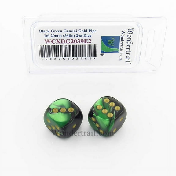 Black and Green Gemini Dice with Gold Pips 20mm (3/4in) D6 Pack of 2 Wondertrail