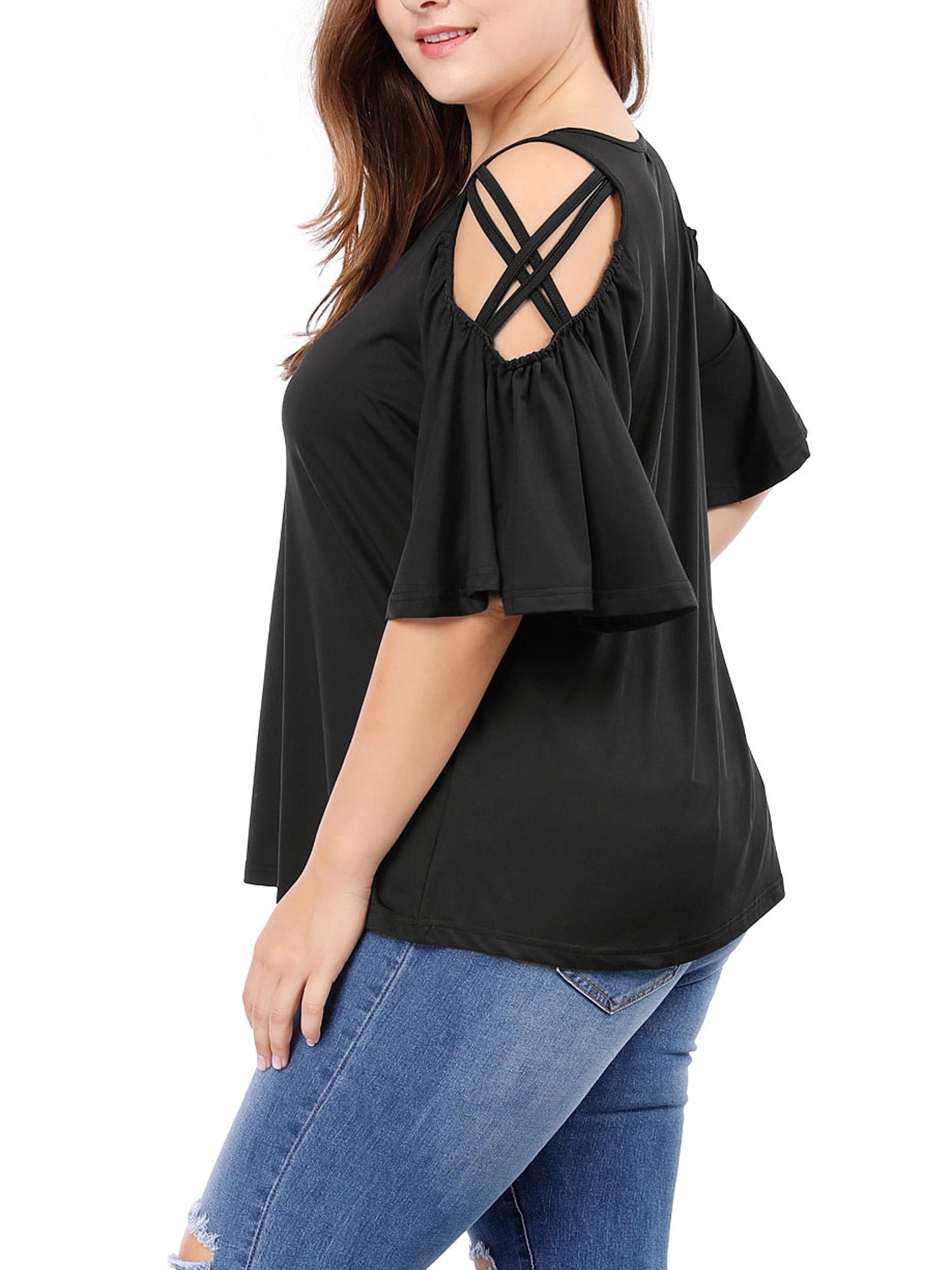 Unique Bargains Juniors' Plus Size Strappy Shoulder Trumpet Sleeves Top 4X Black