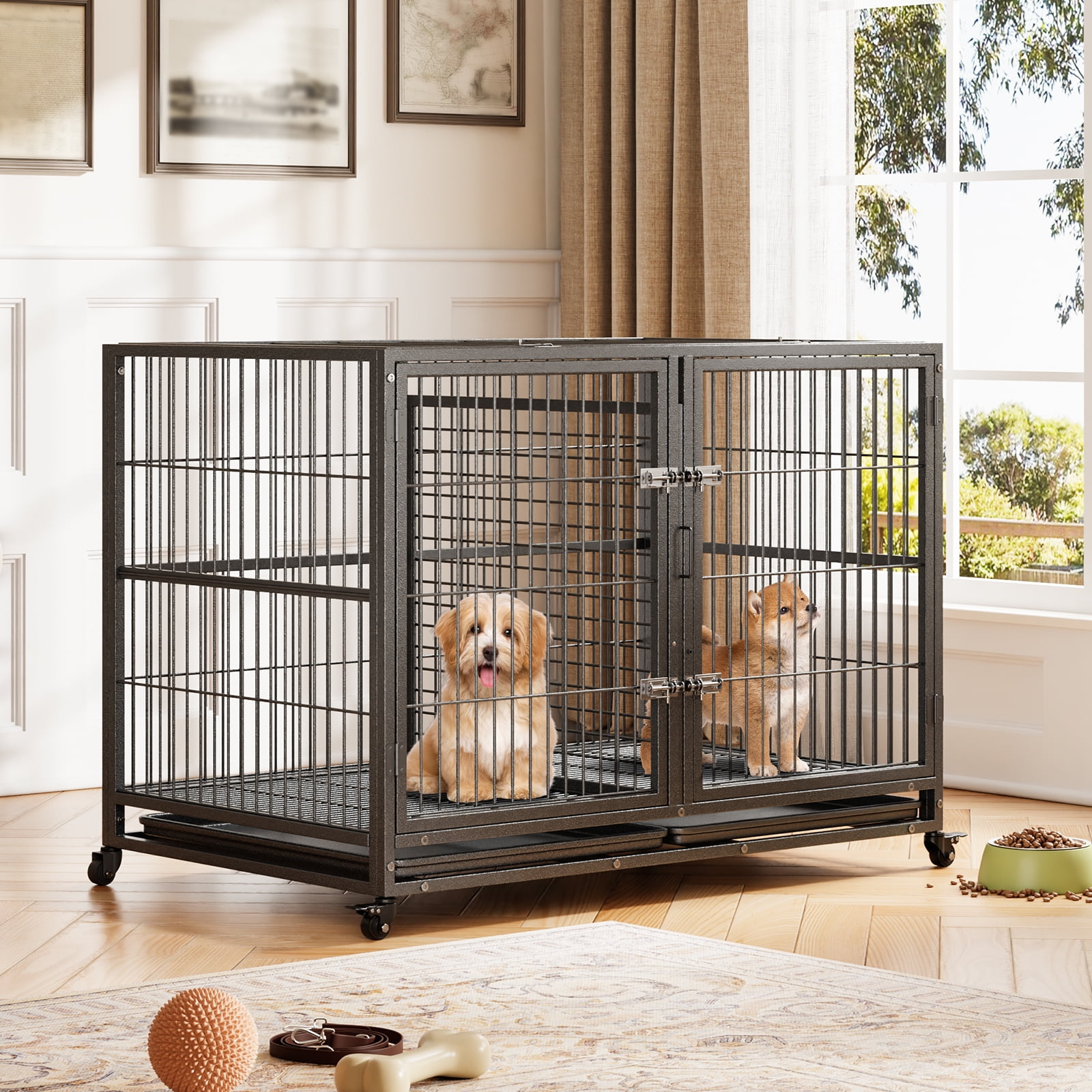 Steel Dog Crate 48" - Heavy Duty Kennel with Removable Tray & Locking Wheels