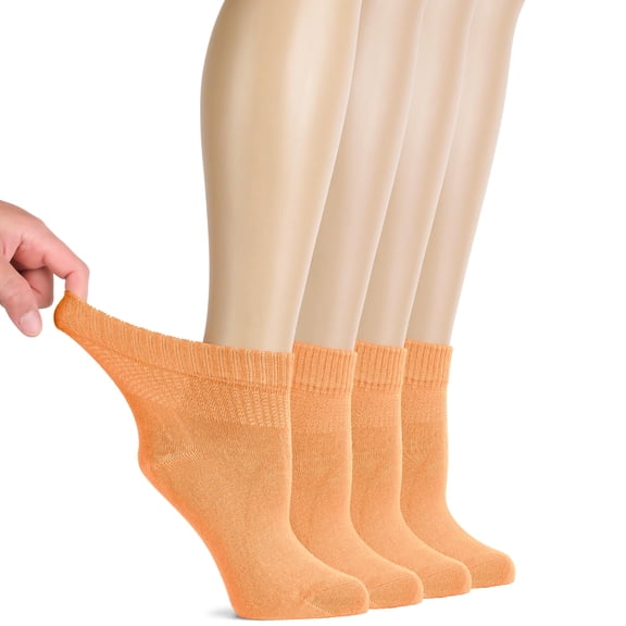 Hugh Ugoli Diabetic Socks for Women, Super Soft, Thin, Rayon Ankle Socks, Wide & Loose, Non-Binding Top & Seamless Toe, 4 Pairs, Peach Orange, Shoe Size: 6-9