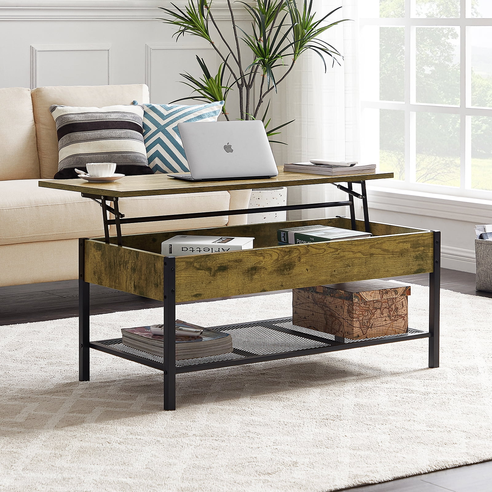 Lowestbest Lifting Coffee Table with Hidden Storage, Flip Top Coffee Table, Wooden Lifting Table for Living Room, Brown Lowestbest Lifting Coffee Table with Hidden Storage, Flip Top Coffee Table, Wooden Lifting Table for Living Room, Brown