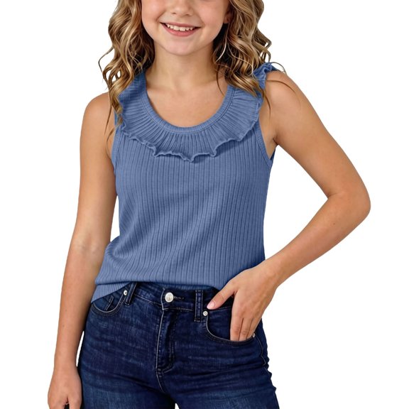 OGLCCG Kids Girls Summer Camisole Ruffle Ribbed Tank Tops for Beach Vacation Crewneck Sleeveless Shirts 1-10 Years