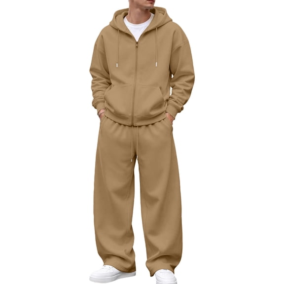 Resicozy Mens Activewear Two Piece Outfit Full Zip Hoodie with Long Pants Tracksuit Coffee M
