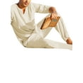 thumbnail image 3 of Michellecmm Men's Cotton Linen Clothes Solid Color Long Sleeve Henley Shirt + Elastic Waist Drawstring Pants 2 Pieces Loungewear Set, 3 of 4