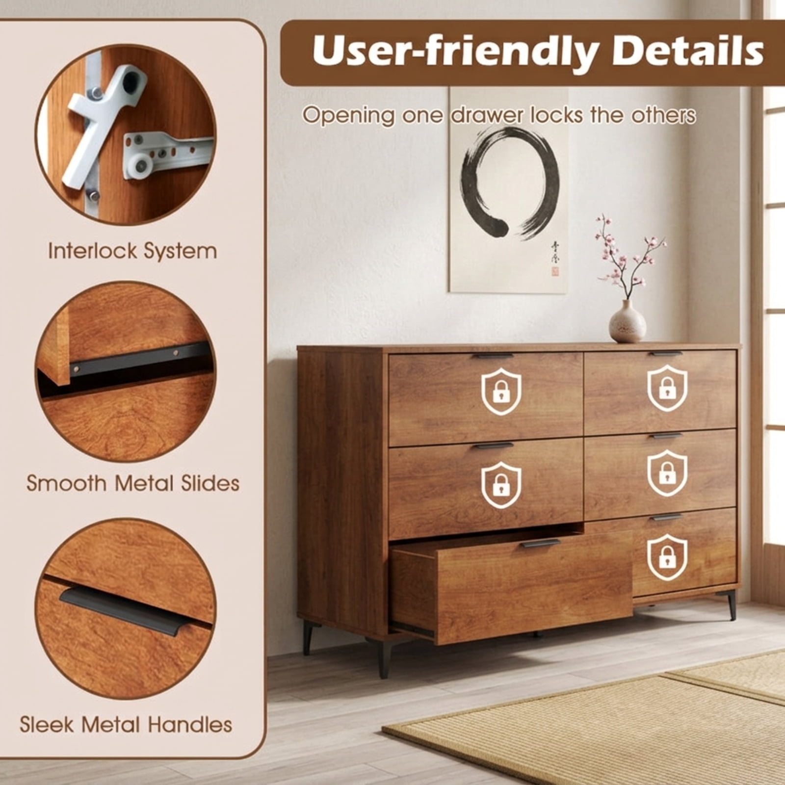 Furnibear 6 Drawer Dresser with Interlock System for Bedroom and Living Room Storage