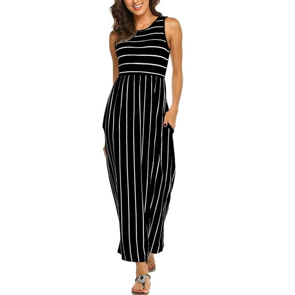 Sngxgn Women's Summer Dresses Collar V Neck Sleeveless Midi Dress Causal Stripes Ribbed Knit Bodycon Dresses(Black,L)