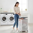 thumbnail image 6 of 90l lAUNDRY bASKET WITH wHEELS, rOLLING lAUNDRY hAMPER WITH lID AND hANDLES, pLASTIC rATTAN cLOTHES oRGANIZER, dIRTY cLOTHES bASKET FOR lAUNDRY rOOM, bEDROOM, dORMITORY sTORAGE, 6 of 8