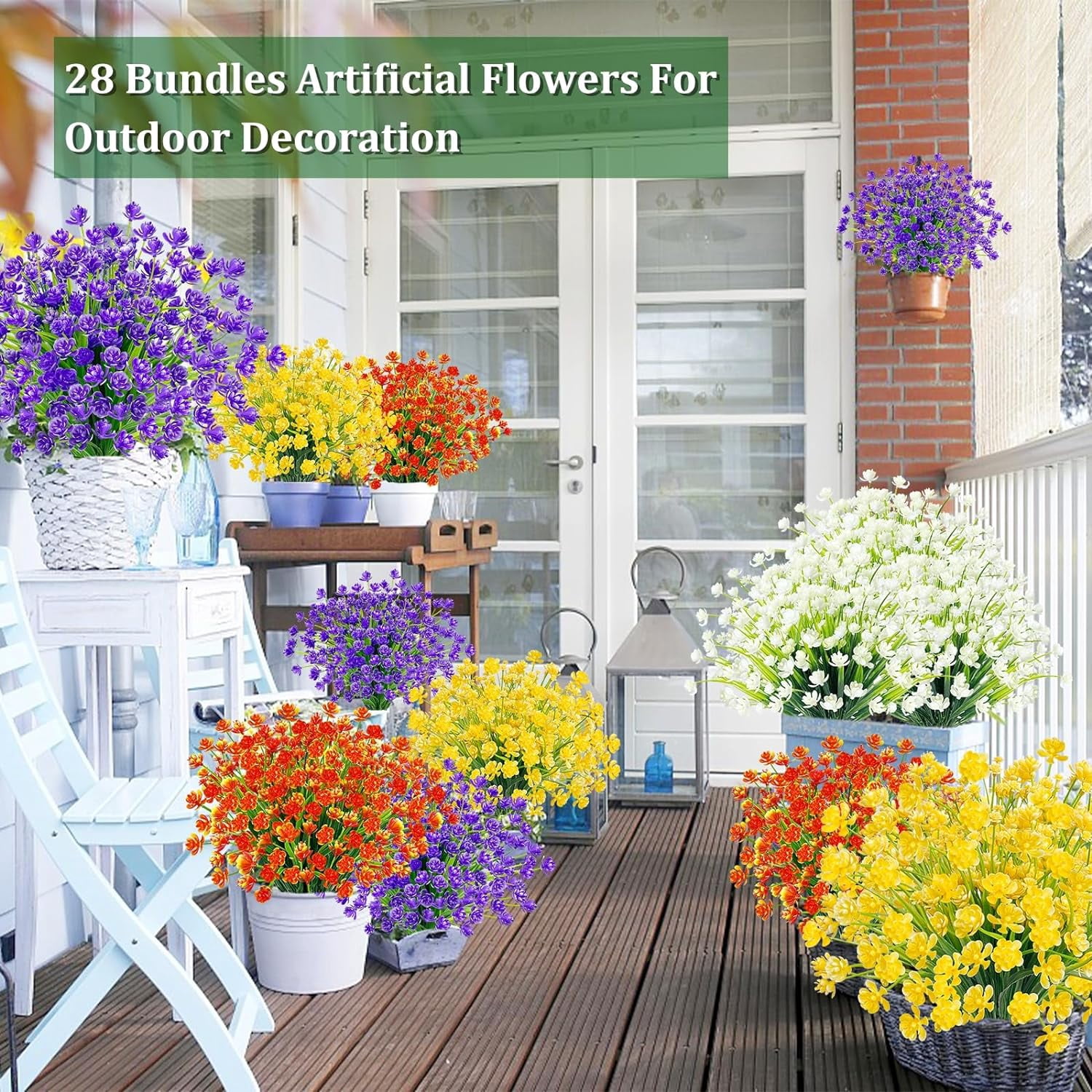 Corn Flower Artificial Flowers for Outdoor UV Resistant Fake Plants, Faux Plastic Flower Artificial Plants for Home Window Box Porch Indoor Cemetery Spring Summer Decor(White)