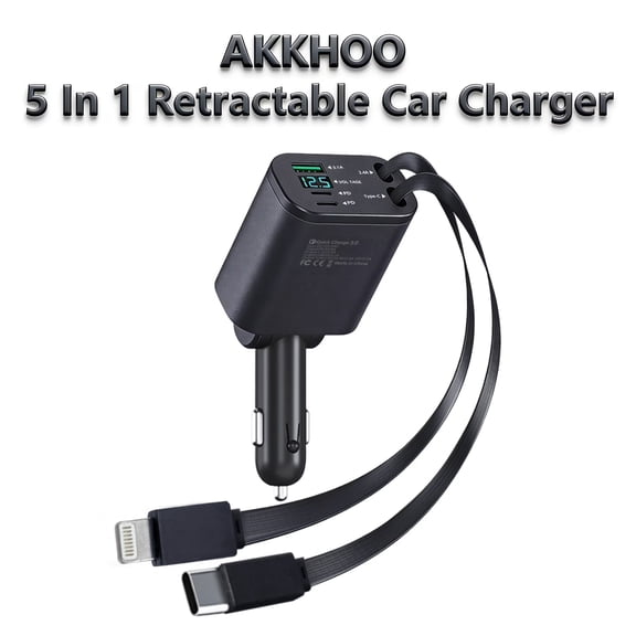 AKKHOO 5-in-1 Retractable Car Charger Splitter, 90W USB C Fast Charger with LED Voltmeter, Cigarette Lighter Adapter Compatible with Android Auto, iPhone