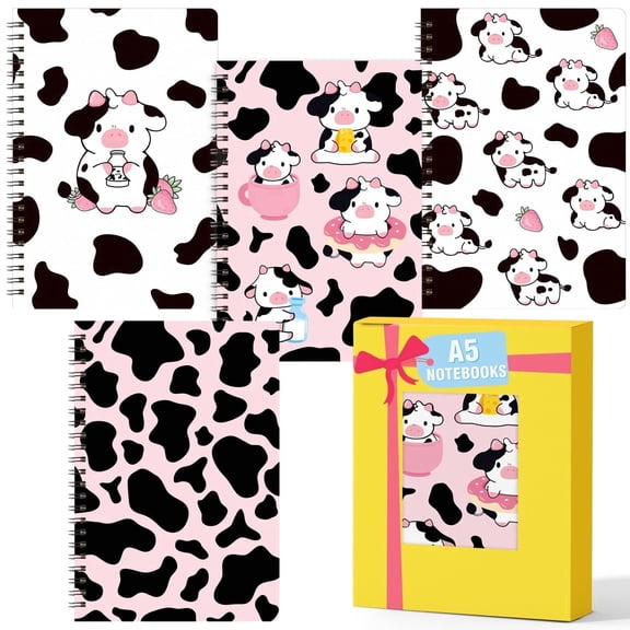Laffact Spiral A5 Notebook, Cow Pattern, 4 Count