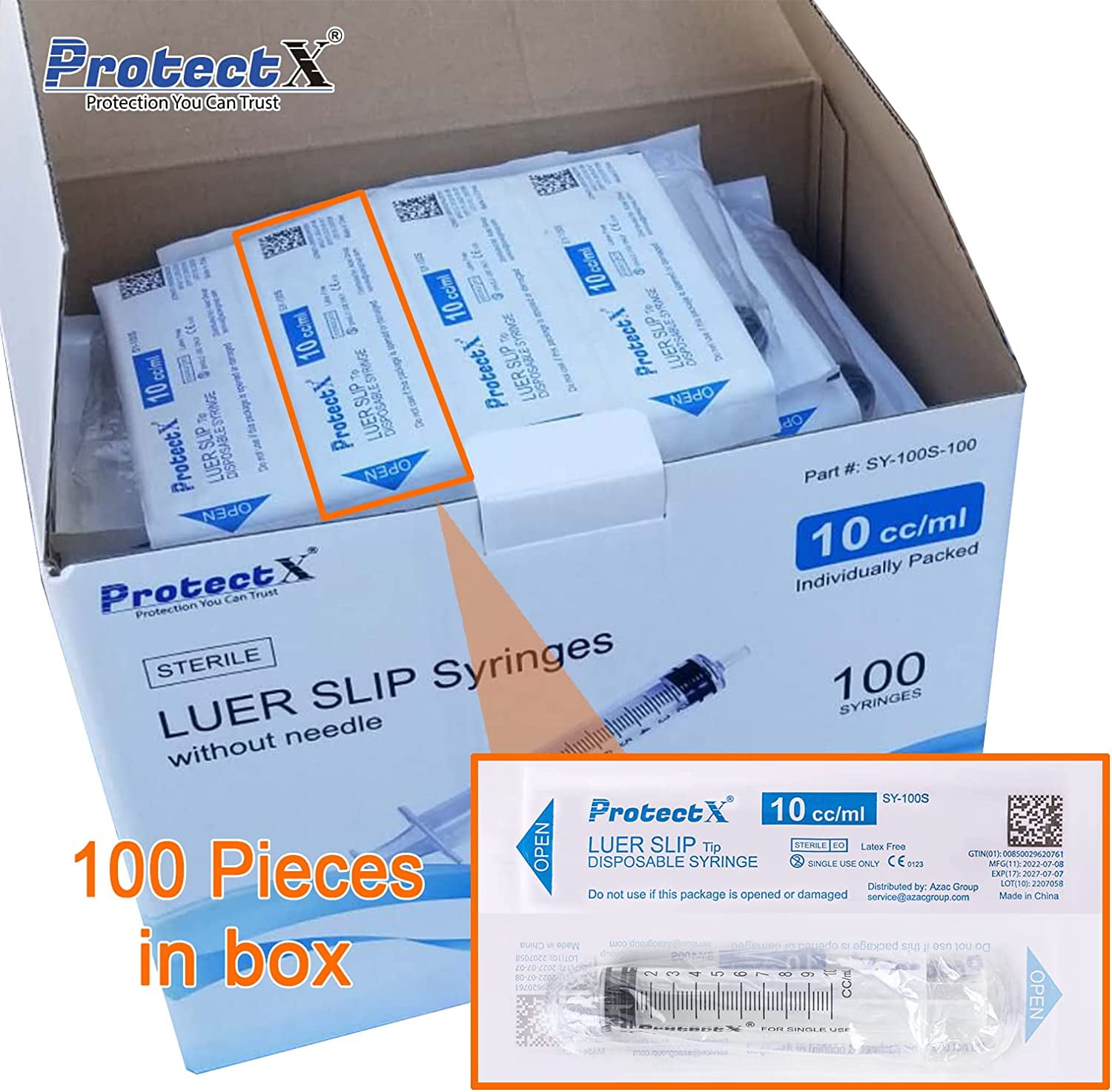 ProtectX 100 Pack 10ml Disposable Luer Slip Sterile Dispenser/Syringe (No Needle) Individually Sealed, Smooth and Accurate Dispensing for Science Labs