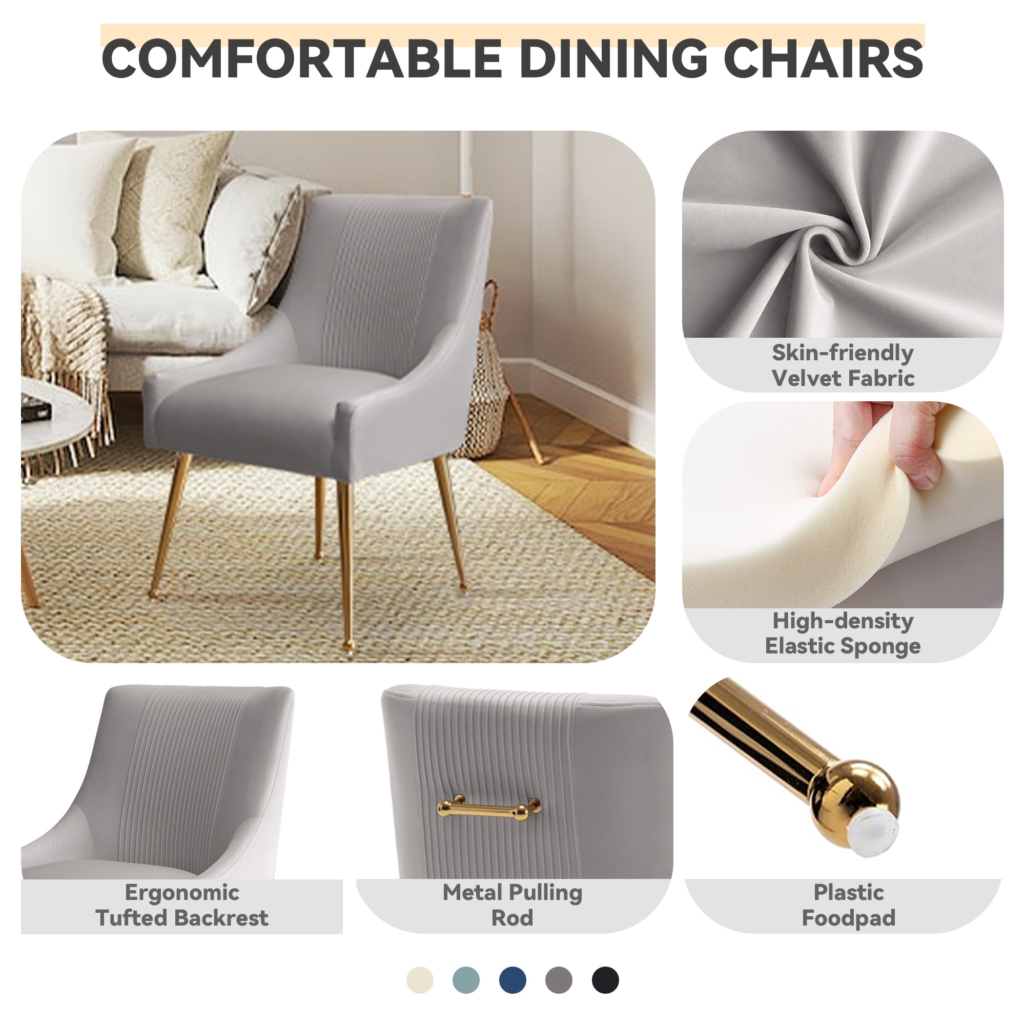 SEYNAR Modern Upholstered Pleated Velvet Dining Chairs Set of 2 Side Chair for Living Room,Gray