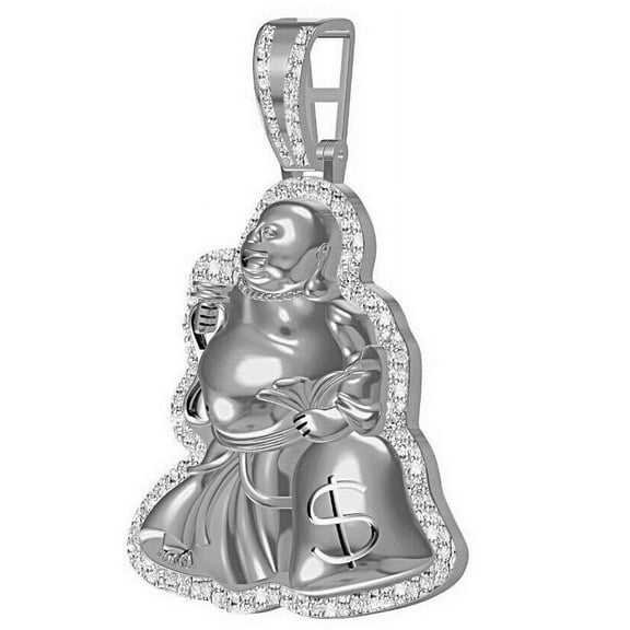 Real Diamond Buddha God of Wealth Carrying Money Bag Good Luck Pendent Over White Gold Charm 2''