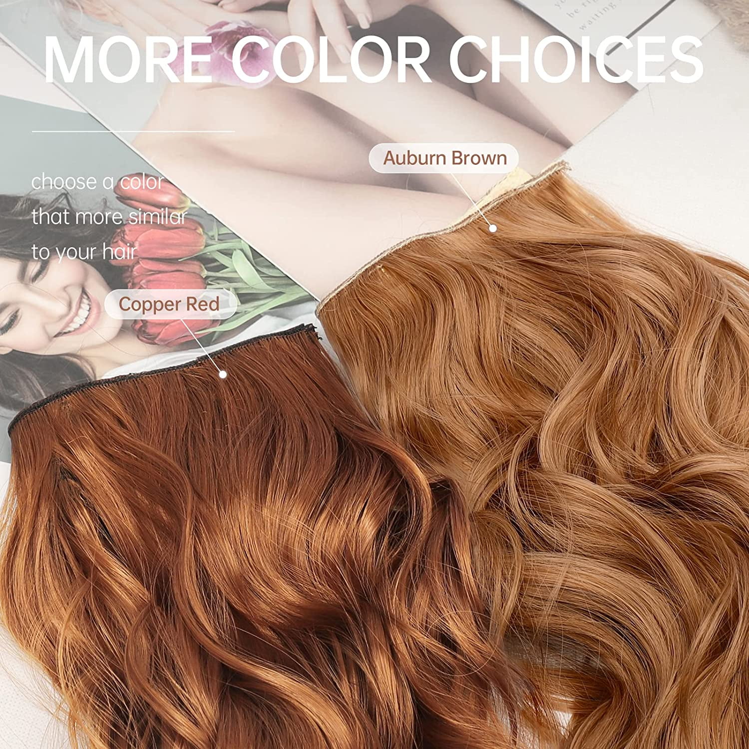 Invisible Wire Hair Extensions with Transparent Wire Headband Adjustable Size 4 Secure Clips Long Wavy Hairpiece 20 Inch Auburn Brown for Women