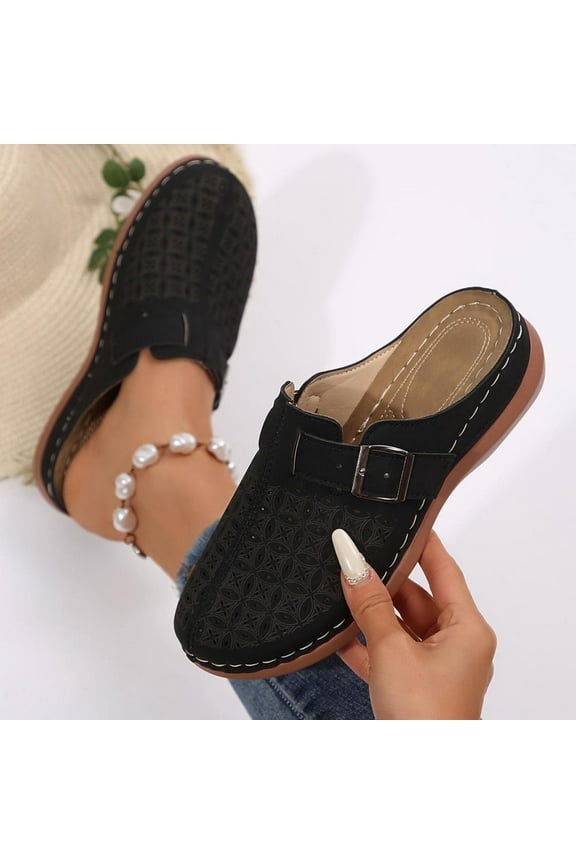 Perforated Closed-Toe Mules with Buckle Strap, Breathable Casual Shoes for Women, Arch-Support Summer Footwear