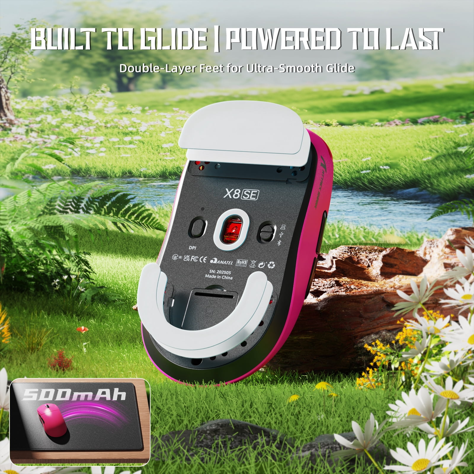 ATTACK SHARK X8SE Mouse for Large Hand, 55g SUPERLIGHT, PixArt PAW3311 Gaming Sensor, BT/2.4G Wireless/Wired, Adjustable DPI up to 25000, 500mAh Battery (Berry Red)