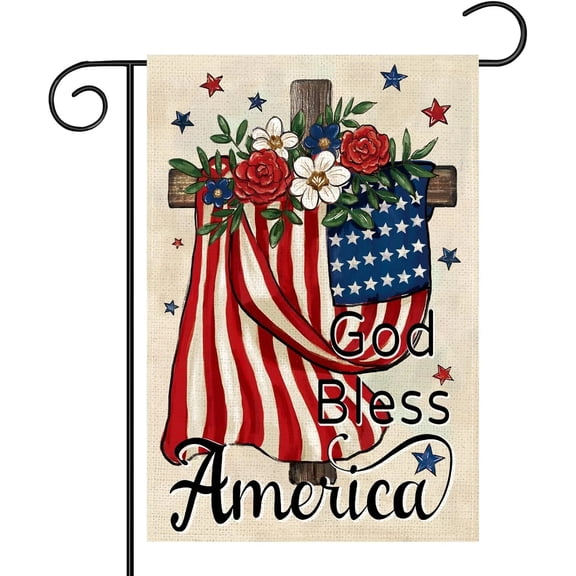 AMHNF God Bless America 4th of July Patriotic Garden Flag Double Sided, American Memorial Day Religious Cross Decorative Vertical Burlap Garden Flag for USA Independence Day 12x18 inch