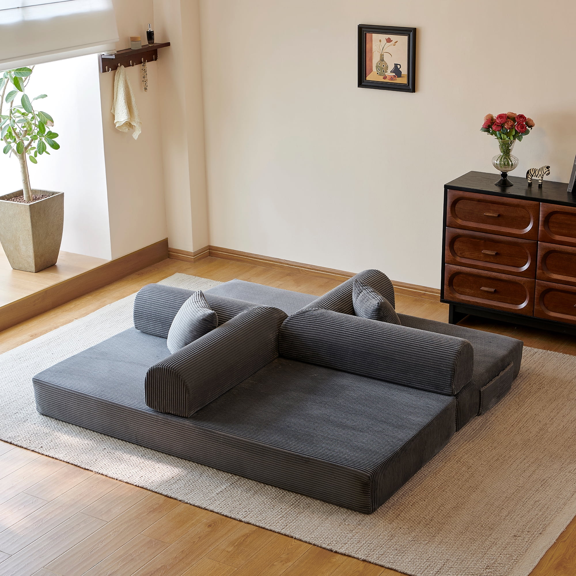 Howcool 79" Boneless Sleeper Sofa Bed, 2-in-1 Pull Out Convertible Loveseat Couch with 2 Throw Pillows, Corduroy Futon Floor Sofa for Living Room, No Assembly Required, Grey