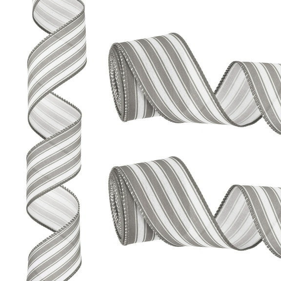 12 Yards x 2" Striped Ribbon Gray and White Wired Ribbon Linen Gift Wrapping Ribbon for Christmas Craft Birthday Wedding Festival Wreath