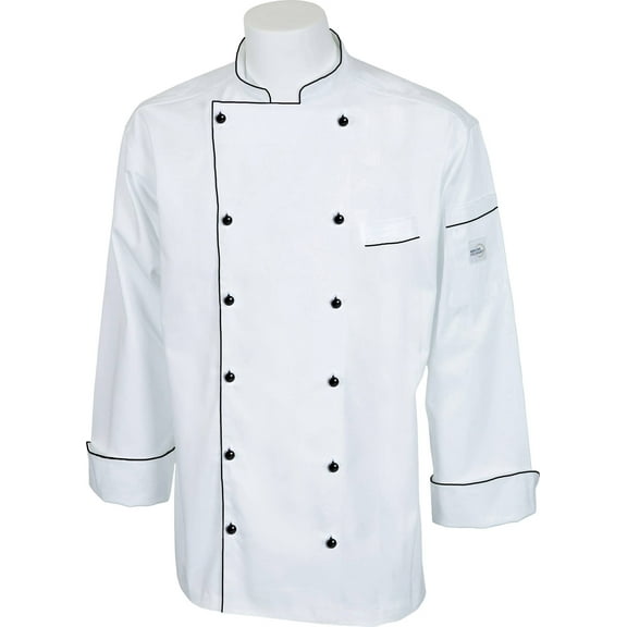 Mercer Renaissance Cutlery Men's Chef Jacket (Trad. Neck) | White w/ Black Piping, Small