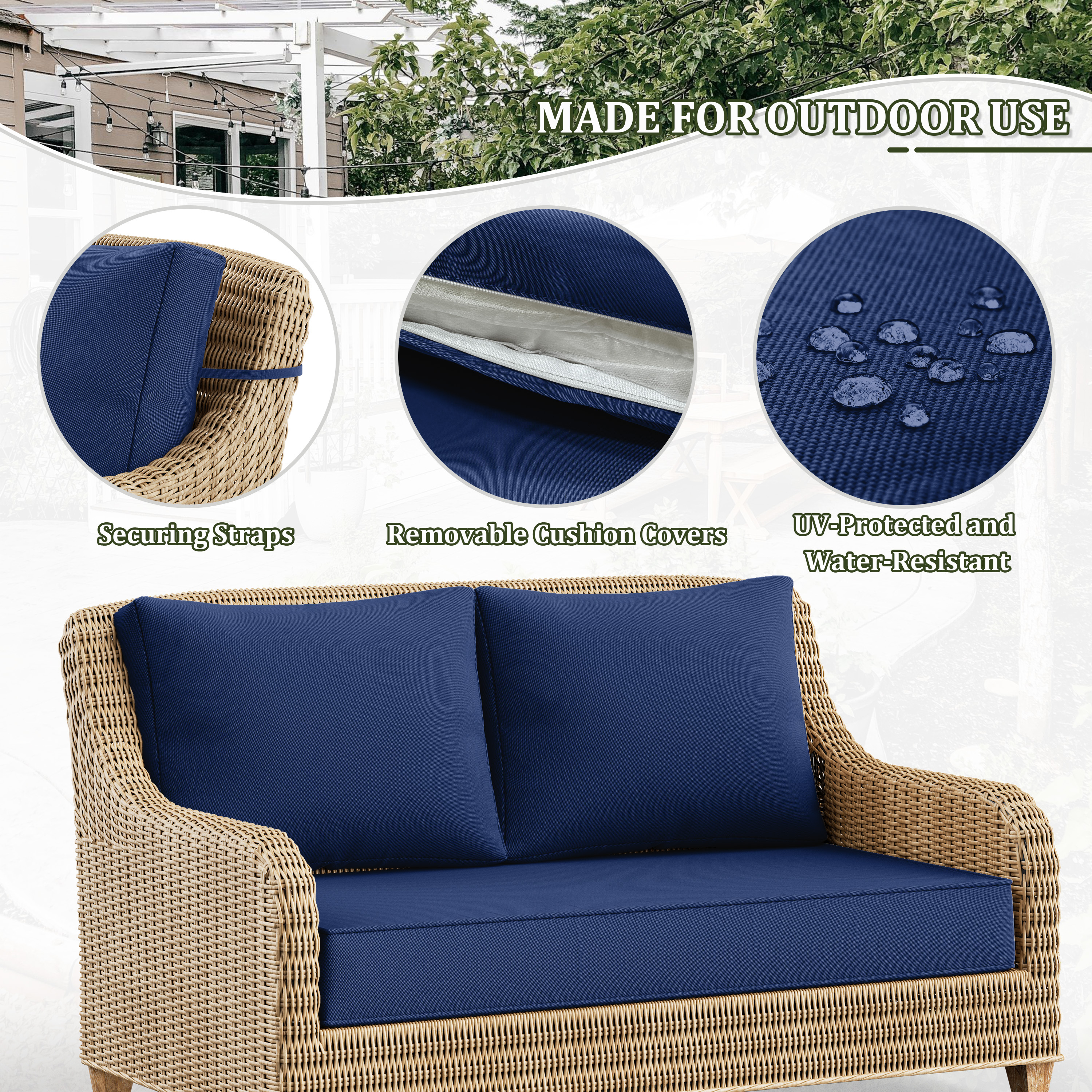 Pakunoda Outdoor Loveseat Cushion Set 46 x 26 Inch, Water Repellent, Fade Resistant, Patio Loveseat Replacement Cushions for Couch Bench and Swing, Blue