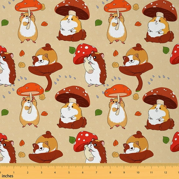 Manfei Kawaii Guinea Pig Sewing & Crafting Fabric (1 Yard), Botanical Mushroom Home Decor Fabric by the Yard, Cute Cartoon Animal DIY Fabric