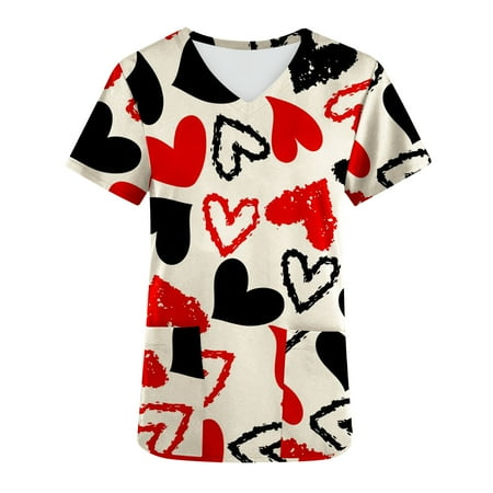 

tklpehg T Shirts for Women Trendy Lover Gift Tee Tops Loose Short Sleeve Uniform Tops with Pocket Leisure V-Neck Valentine s Day Heart Print Graphic Tee Shirt Summer Red XL