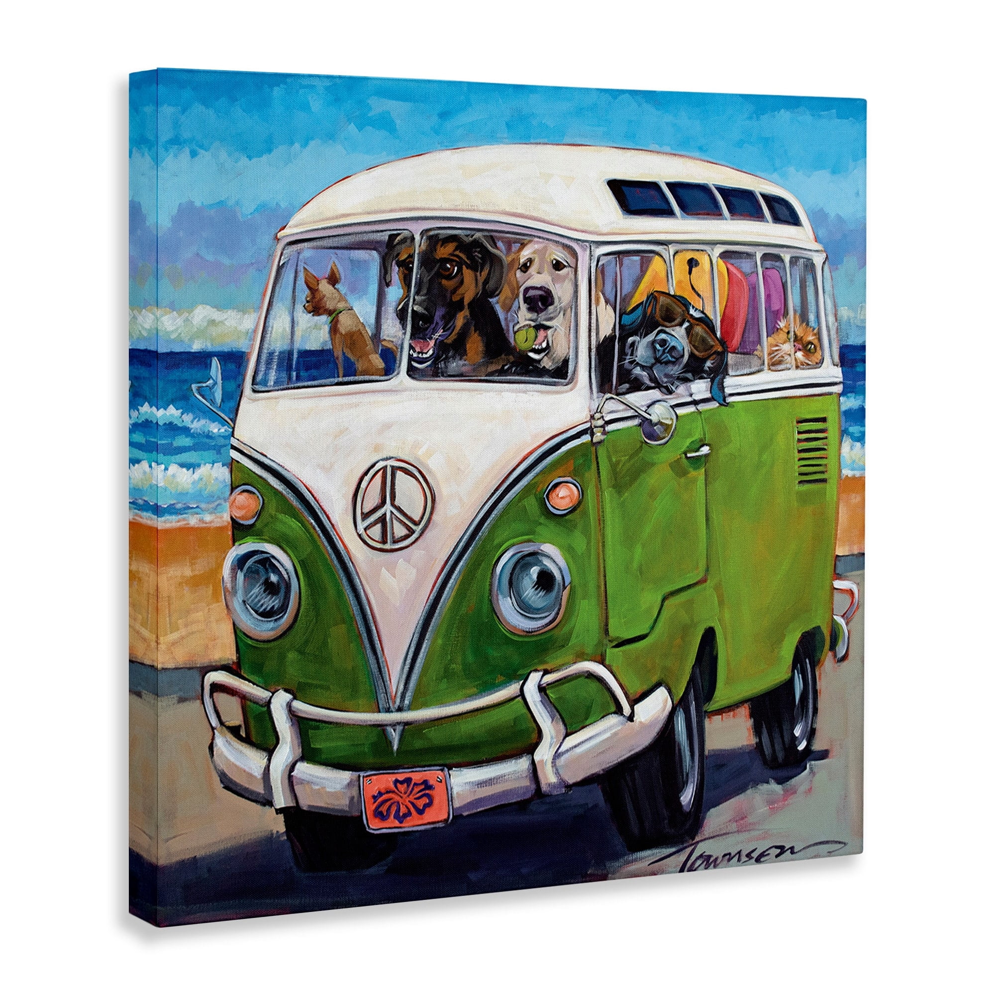 Dogs Driving Retro Van Summer Beach Trip Animals & Insects Gallery-Wrapped Canvas Print Wall Art, 17x17