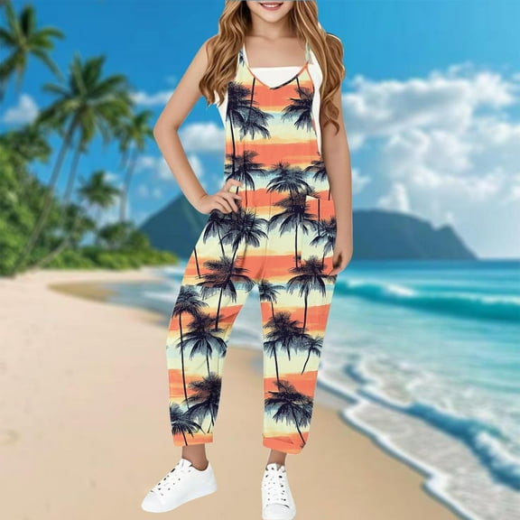 Sentmoon Girls Jumpsuit Spaghetti Strap Sleeveless Loose Rompers V Neck Hawaiian Palmshadow Print Summer Outfits with Pockets Fashion Kids for Tropical Vacation Orange 5 Years