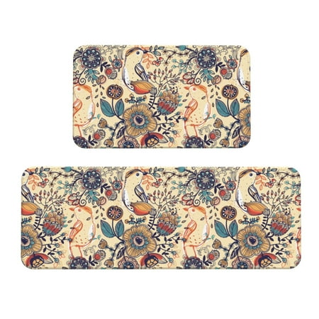 

Kitchen Floor Mat 2 Sets Of Anti-Fouling Absorbent Quick-Drying Floor Mat For Kitchen Door Mat Laundry Room Restaurant Office Farm Floral With Birds And Fantasy Flowers
