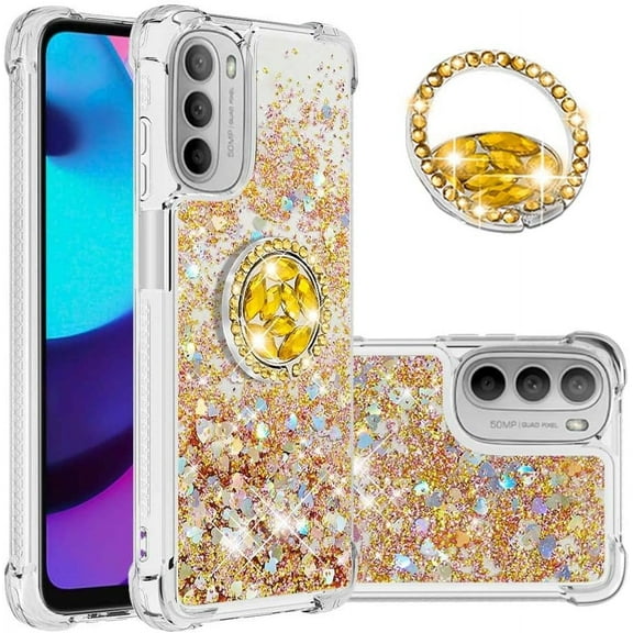 Glitter Case for Moto G 5G 2022, Bling Sparkle Floating Liquid Soft TPU Cushion Fashion Girly Women Girls Clear with Ring Holder Phone Cover for Motorola Moto G 5G 2022(Not 2021) Gold