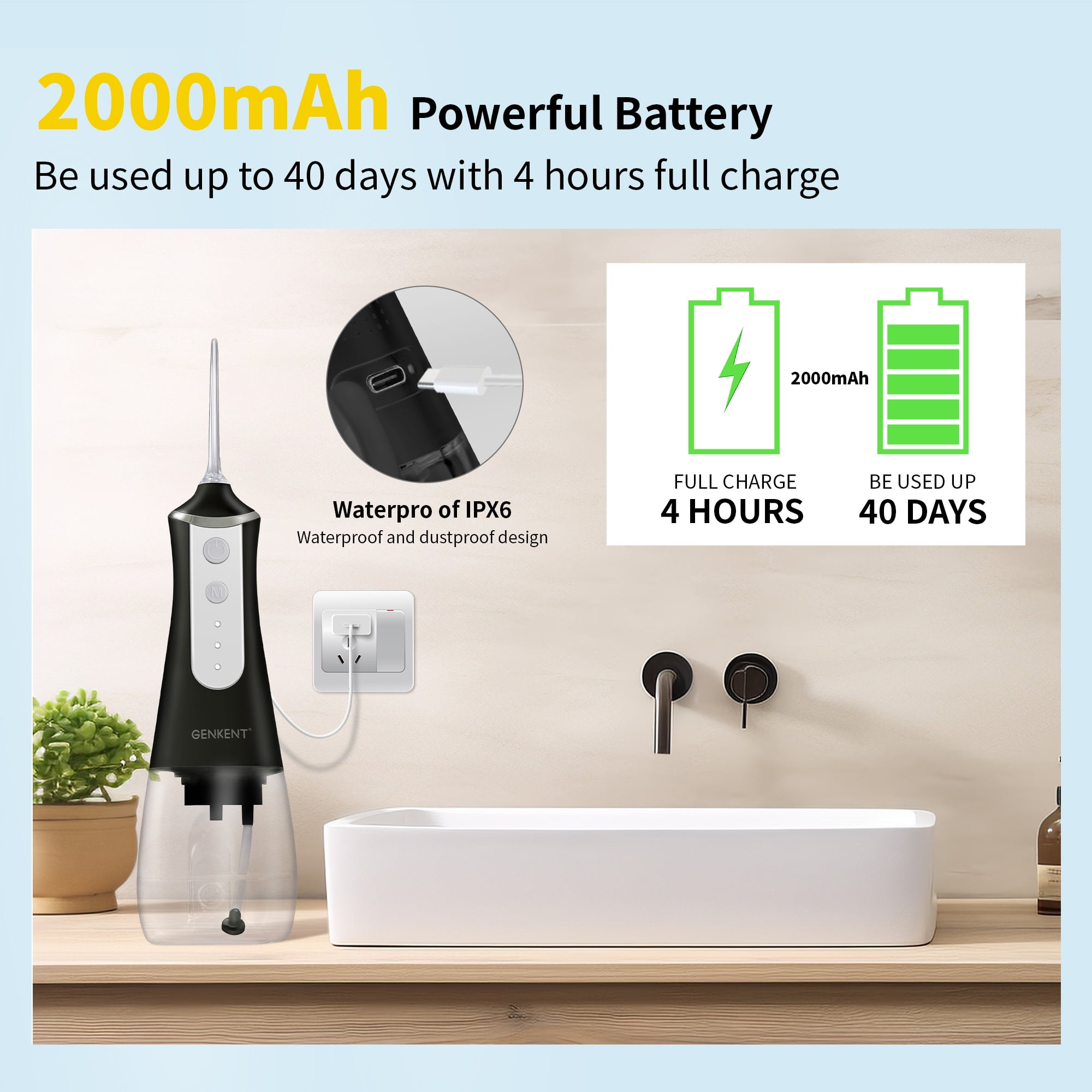 GENKENT Water Flosser for Teeth, Cordless Dental Flosser 3 Modes 5 Tips Rechargeable, Black