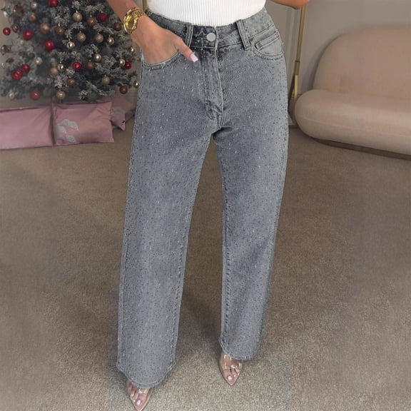 Guieoi Mid-Waist Jeans for Women Plus Size Rhinestone-Embellished Stretchy Denim Pants with Pockets Trousers Clothing Gray XXL